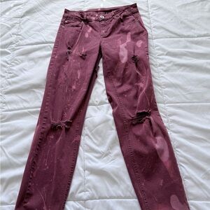 Stylish Burgundy Distressed Straight Leg Pants